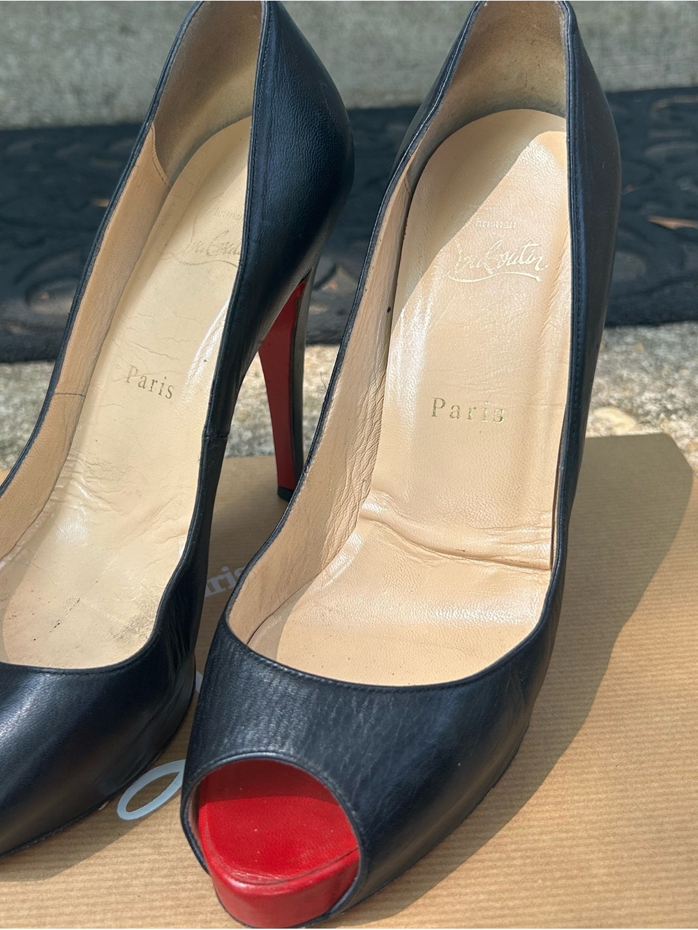 Christian Louboutin Black Leather Peep-Toe Pumps with Red Platform